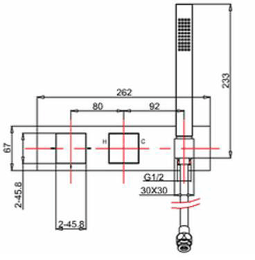 Technical image of Crosswater Water Square Thermostatic Shower Valve & Handset (2 Outlets).