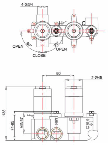 Technical image of Crosswater Water Square Thermostatic Shower Valve & Handset (2 Outlets).