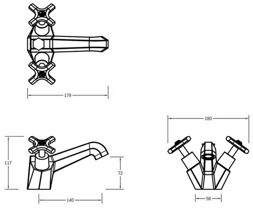 Technical image of Crosswater Waldorf Basin Mixer Tap With Crosshead Handles.