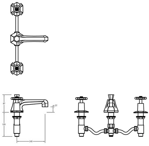 Technical image of Crosswater Waldorf 3 Hole Basin Tap With Crosshead Handles.