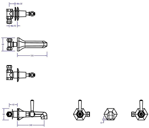 Technical image of Crosswater Waldorf Wall Mounted 3 Hole Basin Tap & Chrome Lever Handles.