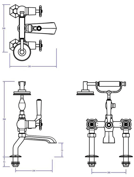 Technical image of Crosswater Waldorf Floorstanding BSM Tap With Black Lever Handles.