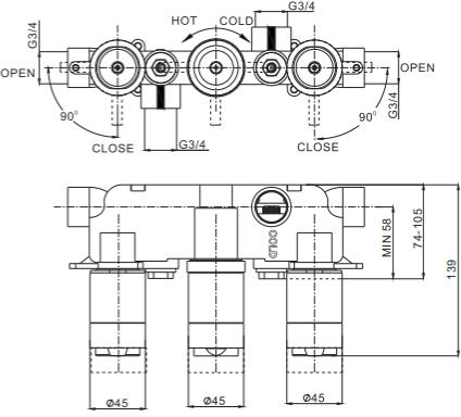 Technical image of Crosswater Wisp Shower Valve With 2 Outlets & Diverter (Chrome).