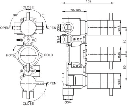 Technical image of Crosswater Wisp Shower Valve With 3 Outlets & Diverter (Matt Black).
