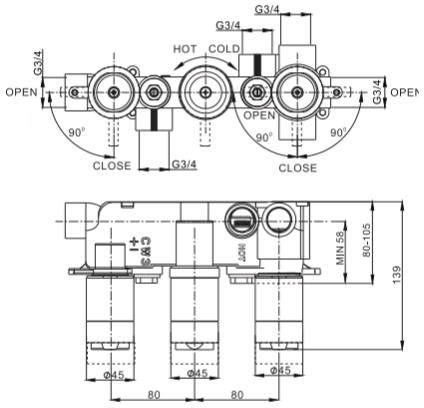 Technical image of Crosswater Wisp Shower Valve With 3 Outlets & Diverter (Chrome).