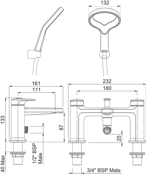 Technical image of Methven Aio Bath Shower Mixer Tap (Chrome).