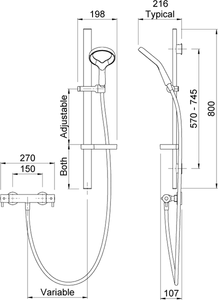 Technical image of Methven Aurajet Aio Cool Thermostatic Bar Shower Kit (Chrome & White).