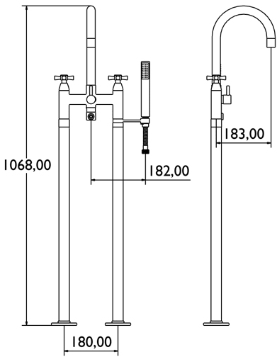 Technical image of Deva Apostle Bath Shower Mixer Tap With Stand Pipes And Shower Kit.