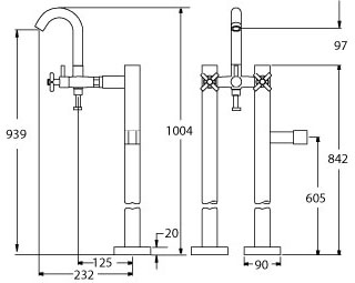 Technical image of Deva Apostle Bath Shower Mixer Tap With Stand Pipes And Shower Kit.