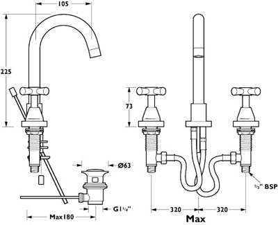 Technical image of Deva Apostle 3 Hole Basin Mixer Tap With Pop Up Waste.