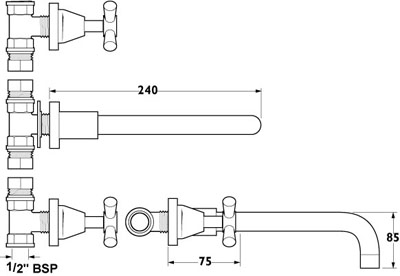 Technical image of Deva Apostle 3 Hole Wall Mounted Basin Mixer Tap.