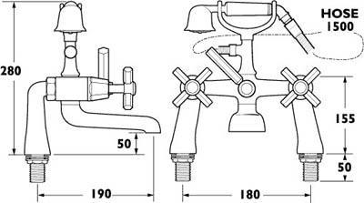 Technical image of Deva Artesian Bath Shower Mixer Tap With Shower Kit (Chrome).