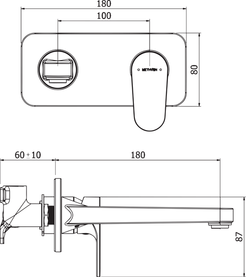 Technical image of Methven Breeze Wall Mounted Basin Mixer Tap (Matt Black).