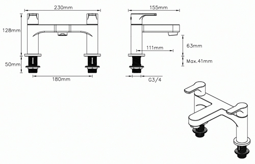 Technical image of Methven Cari Bath Filler Tap (Chrome).