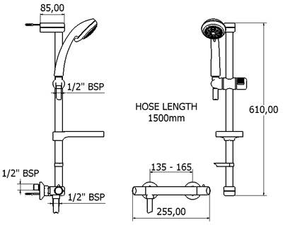 Technical image of Deva Combi Modern Thermostatic Shower Kit With Wall Plate (Chrome).