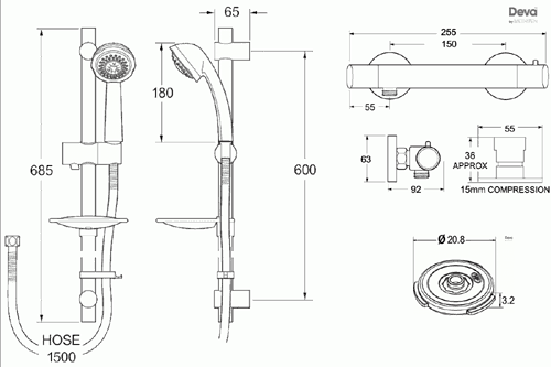 Technical image of Deva Combi Thermostatic Bar Shower Valve With Multi Mode Kit & Flow Regulator.