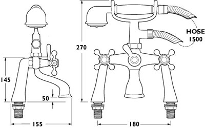 Technical image of Deva Consort Bath Shower Mixer Tap With Shower Kit (Gold).