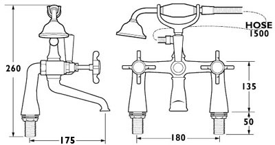 Technical image of Deva Coronation 3/4" Bath Shower Mixer Tap With Shower Kit (Gold).