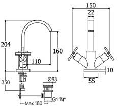 Technical image of Deva Crux Mono Basin Mixer Tap With Swivel Spout & Pop Up Waste (Chrome).