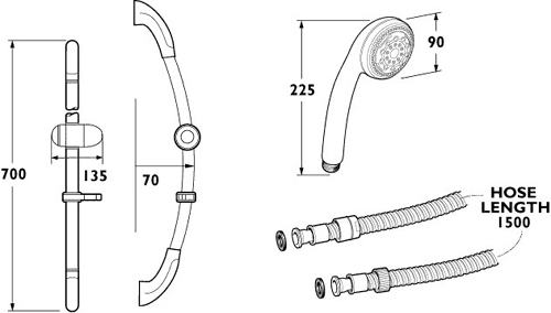 Technical image of Deva Shower Kits Curved Riser Rail Kit With Multi Function Handset (Chrome).