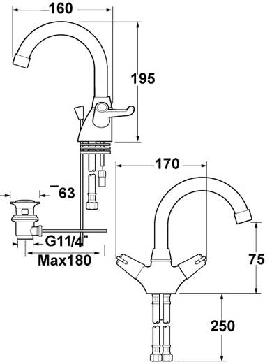 Technical image of Deva Lever Action 3" Lever Mono Basin Mixer Tap With Swivel Spout.