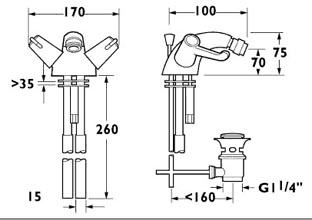 Technical image of Deva Lever Action 3" Lever Mono Bidet Mixer Tap.