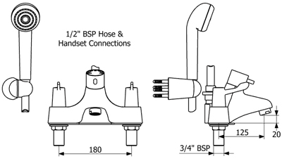 Technical image of Deva Thermostatic TMV2 Thermostatic Bath Shower Mixer Tap With Shower Kit.