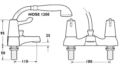 Technical image of Deva Lever Action Lever Bath Shower Mixer Tap, 6" Long Handles & Shower Kit.