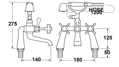 Technical image of Deva Durham Bath Shower Mixer Tap With Shower Kit (Chrome).