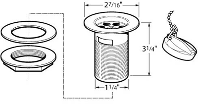 Technical image of Deva Wastes 1 1/4" Basin Waste With Poly Plug, Chain And Stay (Slotted, Chrome).