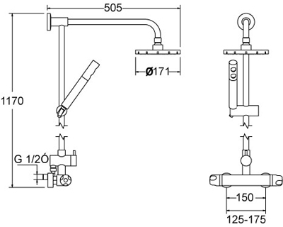 Technical image of Deva Dynamic Thermostatic Shower Set With Valve, Riser And Head.