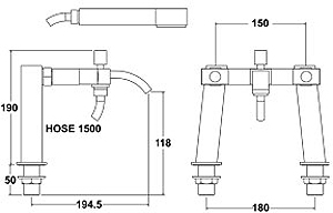 Technical image of Deva Edge Bath Shower Mixer Tap With Shower Kit And Wall Bracket.