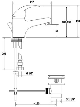 Technical image of Deva Eider Mono Basin Mixer Tap With Pop Up Waste (Chrome).