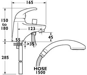 Technical image of Deva Elan Mono Bath Shower Mixer Tap With Shower Kit.