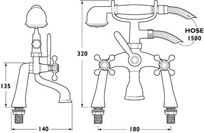 Technical image of Deva Empire Bath Shower Mixer Tap With Shower Kit (Gold).