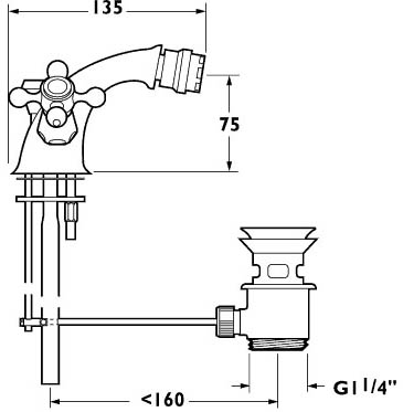 Technical image of Deva Empire Mono Bidet Mixer Tap With Pop Up Waste (Gold).