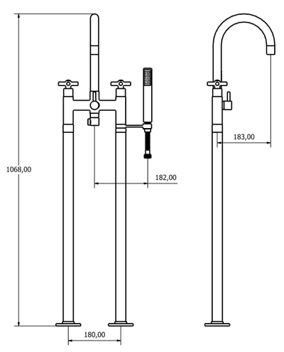 Technical image of Deva Expression Bath Shower Mixer Tap With Stand Pipes And Shower Kit.