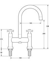 Technical image of Deva Expression Bridge Kitchen Sink Mixer Tap With Swivel Spout.