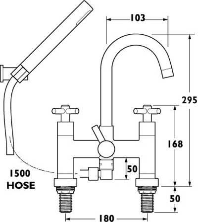 Technical image of Deva Expression Deck Mounted Bath Shower Mixer Tap With Shower Kit.