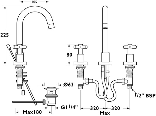 Technical image of Deva Expression 3 Hole Basin Mixer Tap With Swivel Spout And Pop Up Waste.