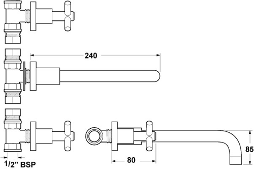 Technical image of Deva Expression 3 Tap Hole Wall Mounted Basin Mixer Tap.