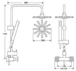 Technical image of Deva Expression Manual Shower Valve and Rigid Riser with Star Head.