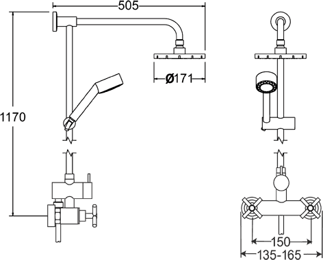 Technical image of Deva Expression Manual Shower Set With Valve, Riser & Fixed Shower Head.