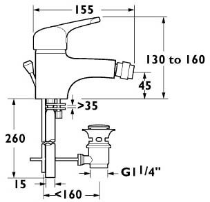 Technical image of Deva Excel Mono Bidet Mixer Tap With Pop Up Waste (Chrome).