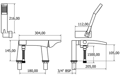 Technical image of Deva Fischio Bath Shower Mixer Tap With Shower Kit (Black Handle).