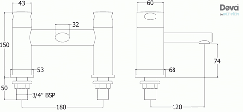 Technical image of Deva Funky Basin & Bath Filler Tap Set (Chrome).