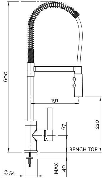 Technical image of Methven Kitchen Gaston Pull-Down Spray Kitchen Tap (Chrome & Black).