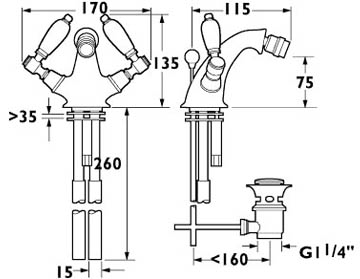 Technical image of Deva Georgian Mono Bidet Mixer Tap With Pop Up Waste (Chrome).