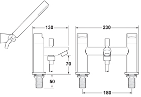 Technical image of Deva Ikon Bath Shower Mixer Tap With Shower Kit And Wall Bracket.