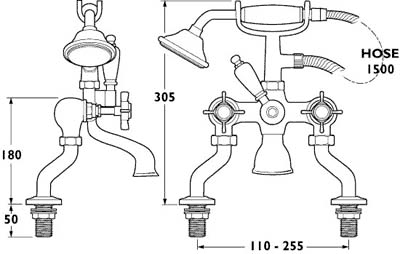 Technical image of Deva Imperial Bath Shower Mixer Tap With Shower Kit (Gold).